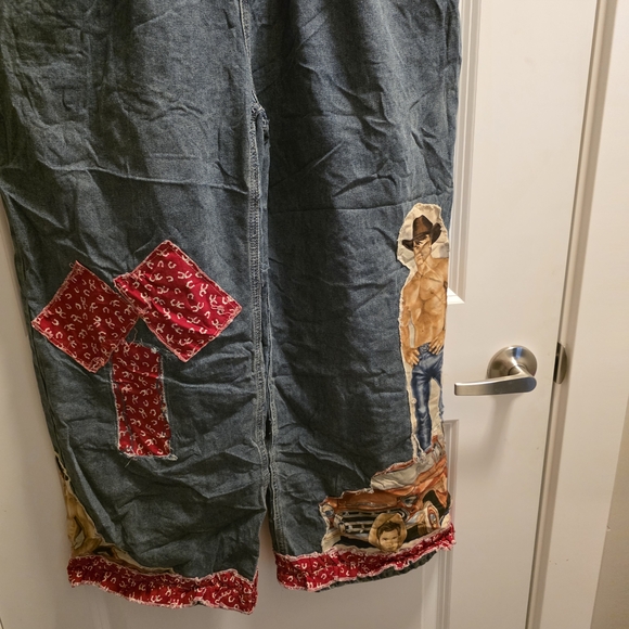 Denim Patchwork Overalls with Red Bandana Pockets - Picture 5 of 6